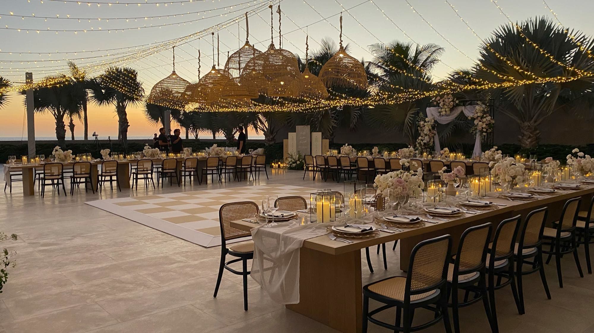 Warm lighting with fairy lights and woven lamps