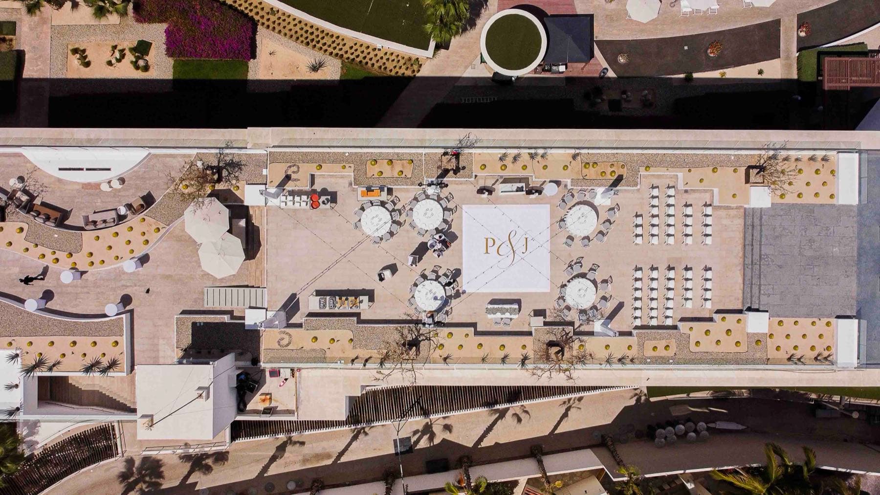Aerial view of setup with dance-floor monogram